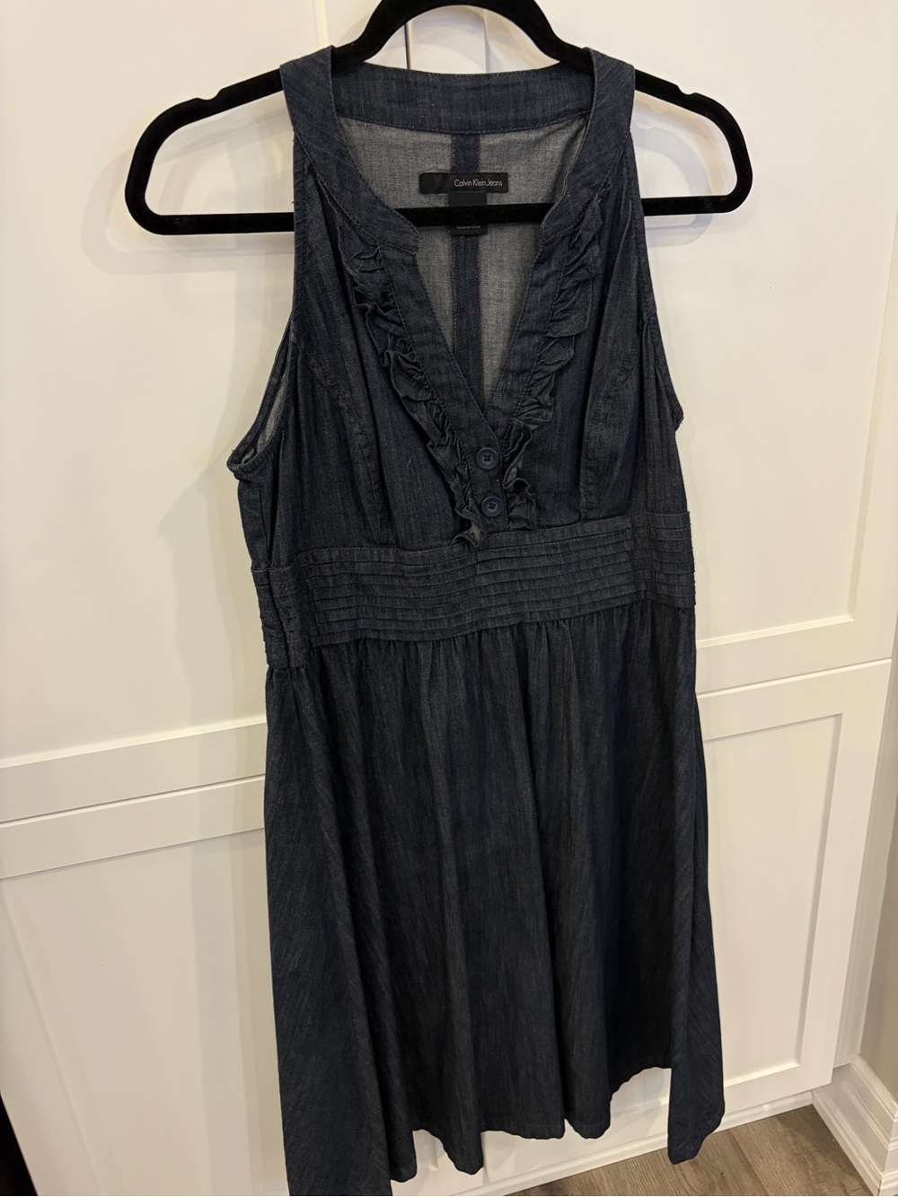 Calvin Klein Dark Denim Sleeveless Ruffle V-Neck Midi Dress